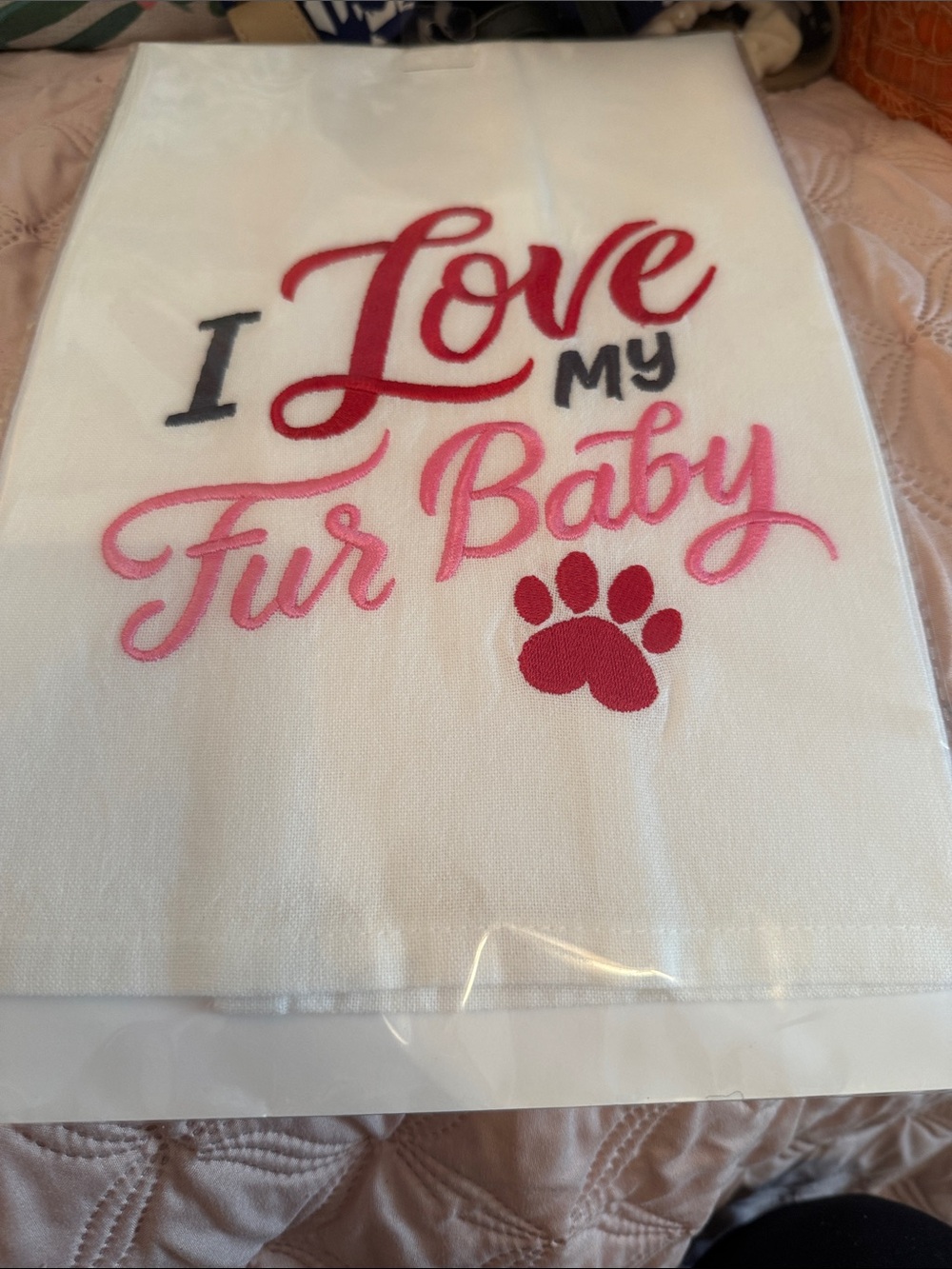 I Love My Fur Baby Embroidered White Pet Towel - Pink & Red Script